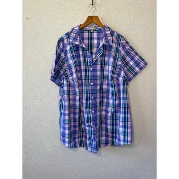 Woman Within Cottage Core Purple & Pink Gingham Short Sleeve Button Up Top 18/20 - Picture 2 of 9